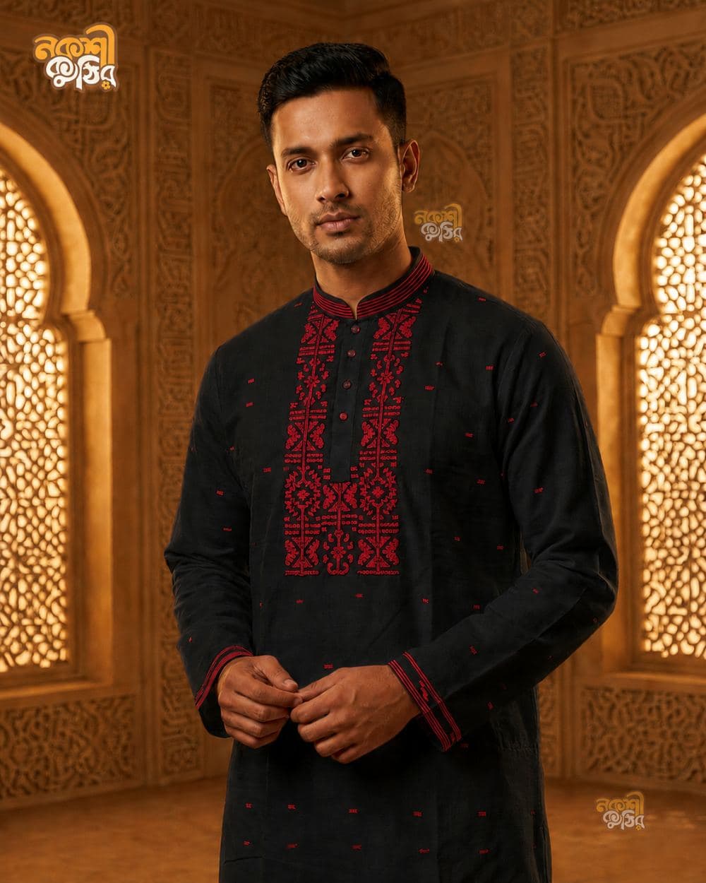 প্রিমিয়াম জামদানি পাঞ্জাবি — ব্ল্যাক রেড — গ্যালারি ছবি
