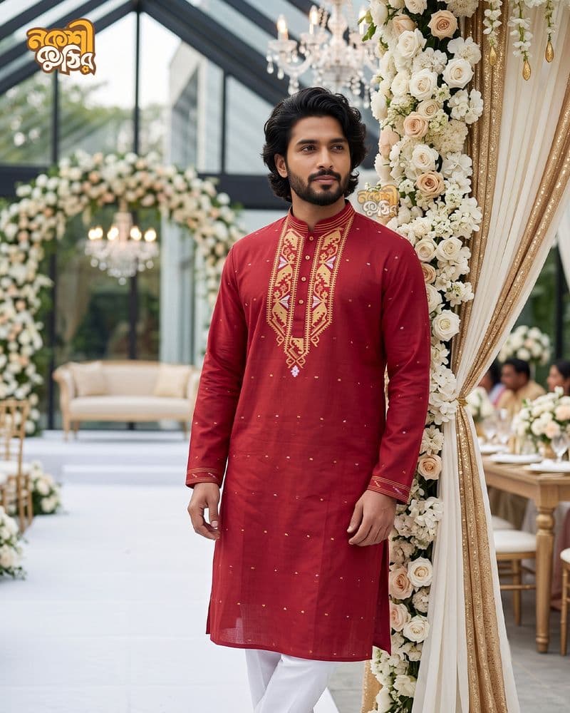 প্রিমিয়াম জামদানি পাঞ্জাবি — লাল (গোল্ডেন কারুকাজ) — গ্যালারি ছবি