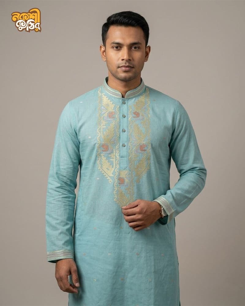 প্রিমিয়াম জামদানি পাঞ্জাবি — আকাশি নীল (গোল্ডেন) — গ্যালারি ছবি