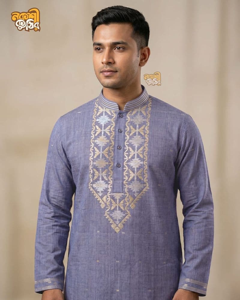 প্রিমিয়াম জামদানি পাঞ্জাবি — স্লেট ব্লু — গ্যালারি ছবি