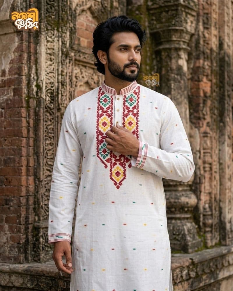 প্রিমিয়াম জামদানি পাঞ্জাবি — সাদা (বহুরঙা কারুকাজ) — গ্যালারি ছবি