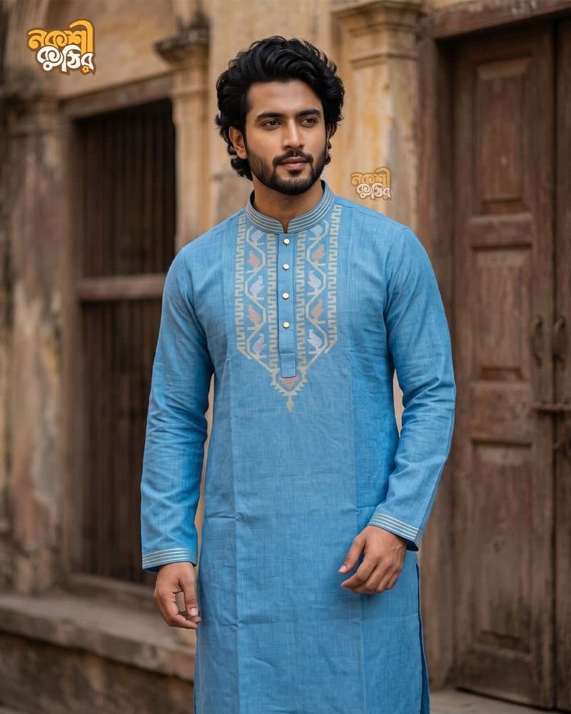 রেগুলার জামদানি পাঞ্জাবি — স্কাই ব্লু — গ্যালারি ছবি
