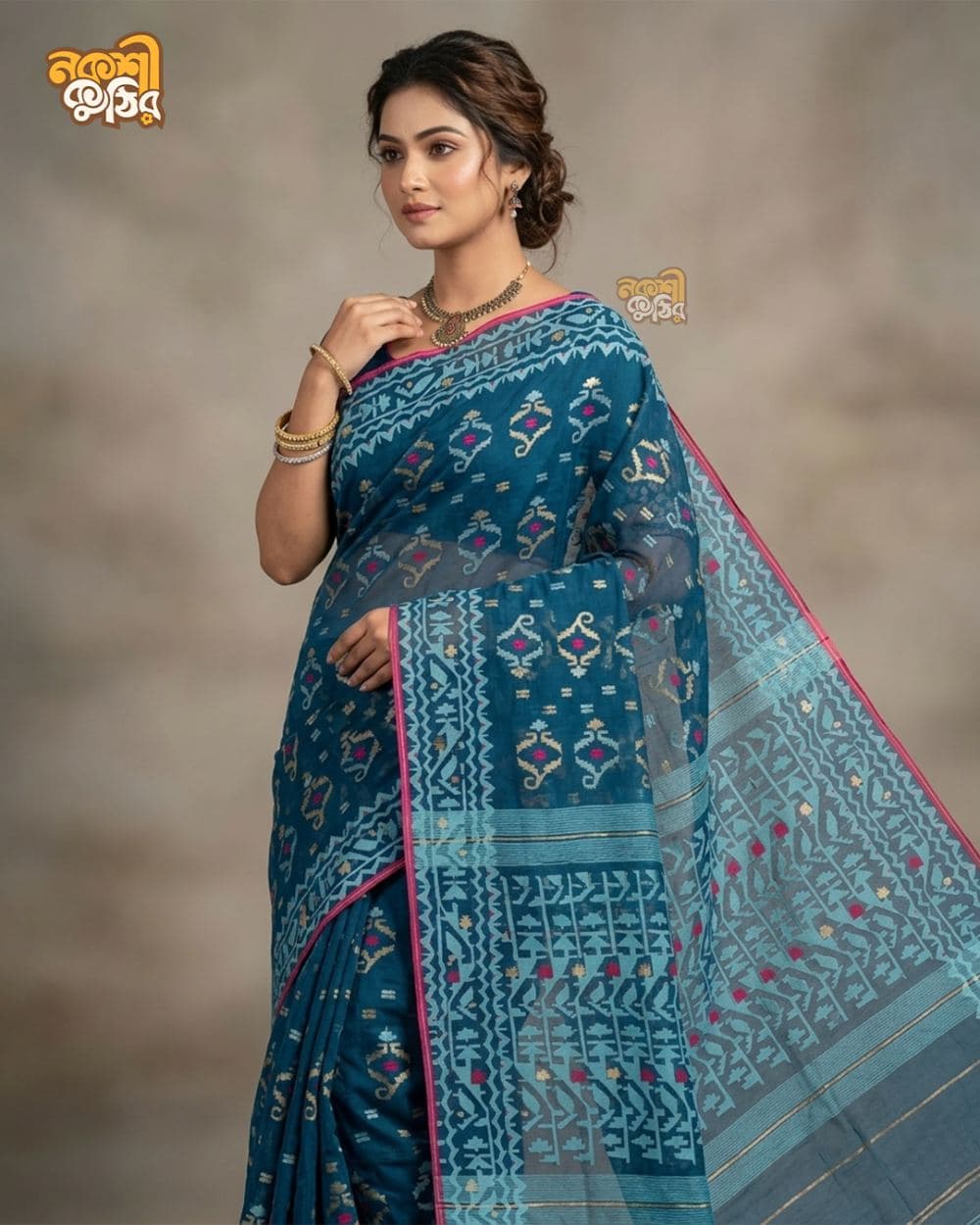 হাফসিল্ক জামদানি শাড়ি — টিল ব্লু — গ্যালারি ছবি
