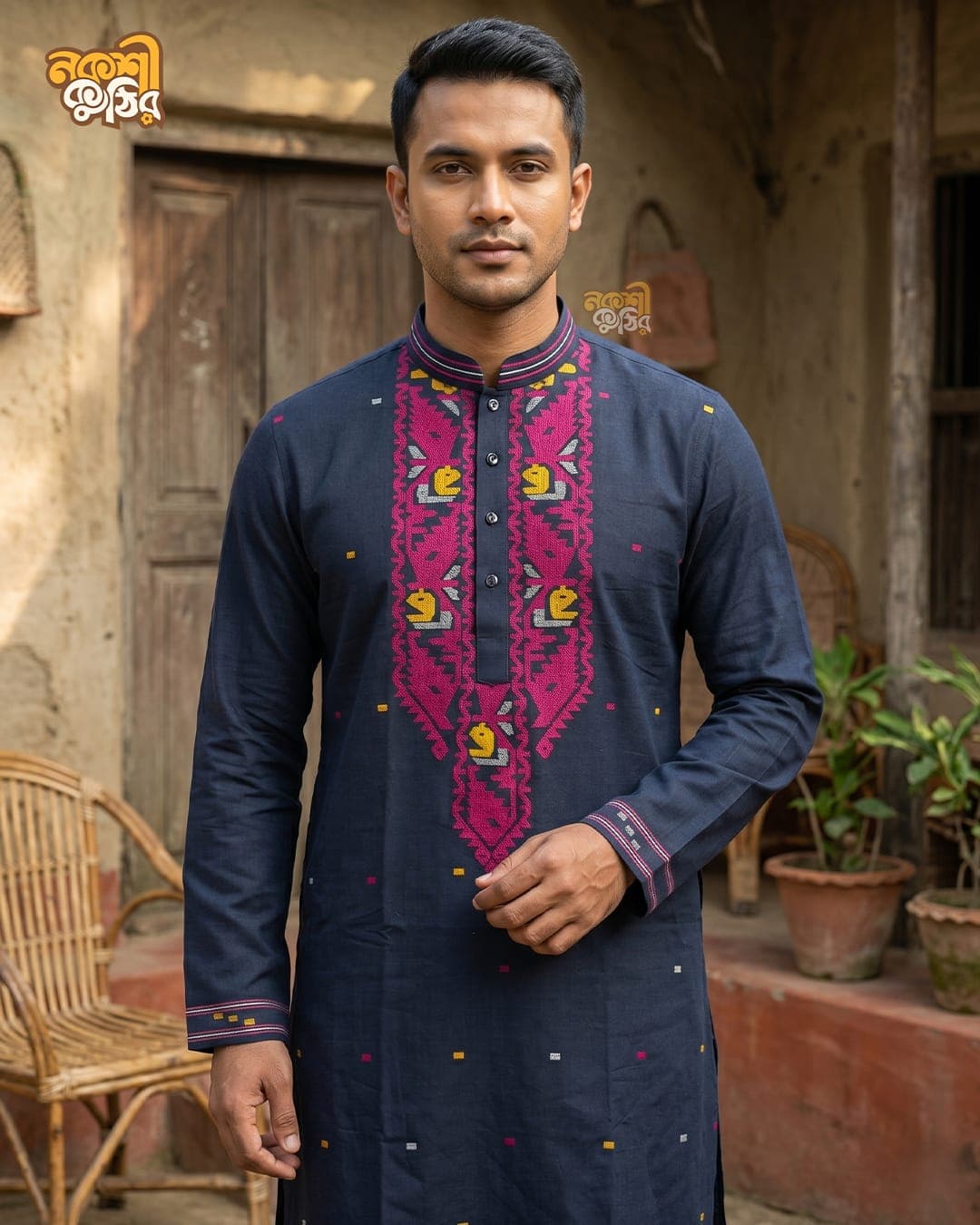 প্রিমিয়াম জামদানি পাঞ্জাবি — নেভি ম্যাজেন্টা