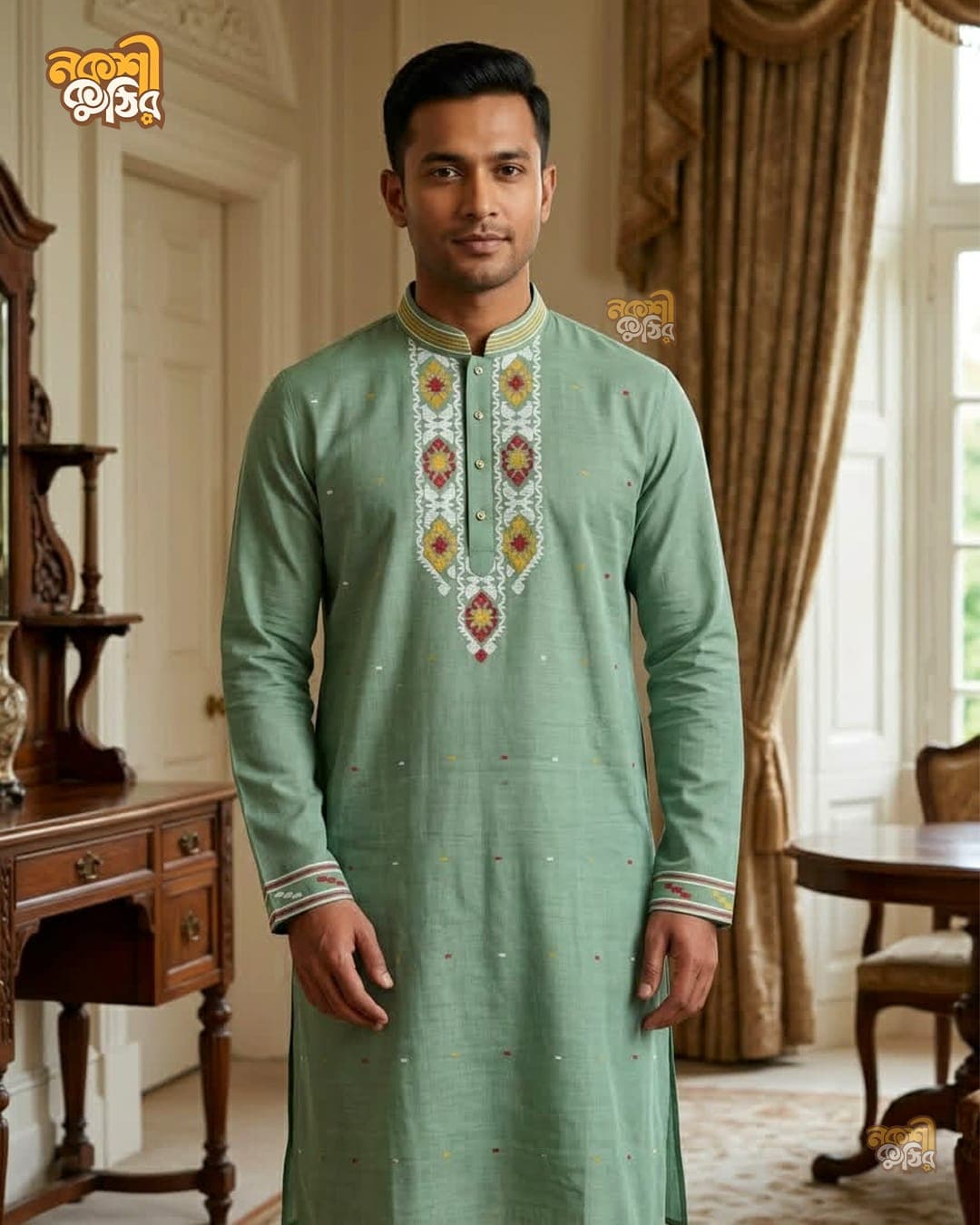 প্রিমিয়াম জামদানি পাঞ্জাবি — সেজ গ্রিন
