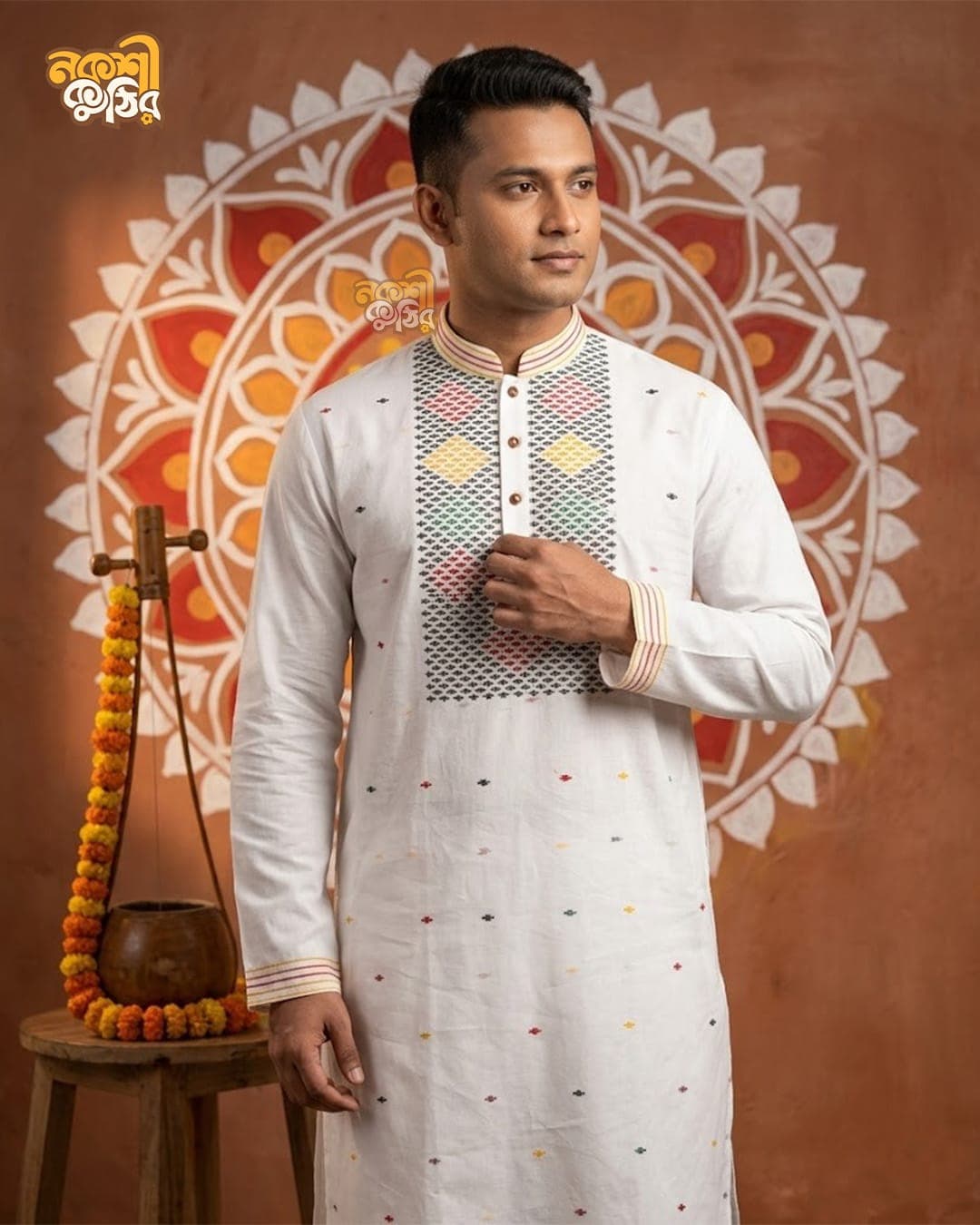 প্রিমিয়াম জামদানি পাঞ্জাবি — সাদা মিনাকারি