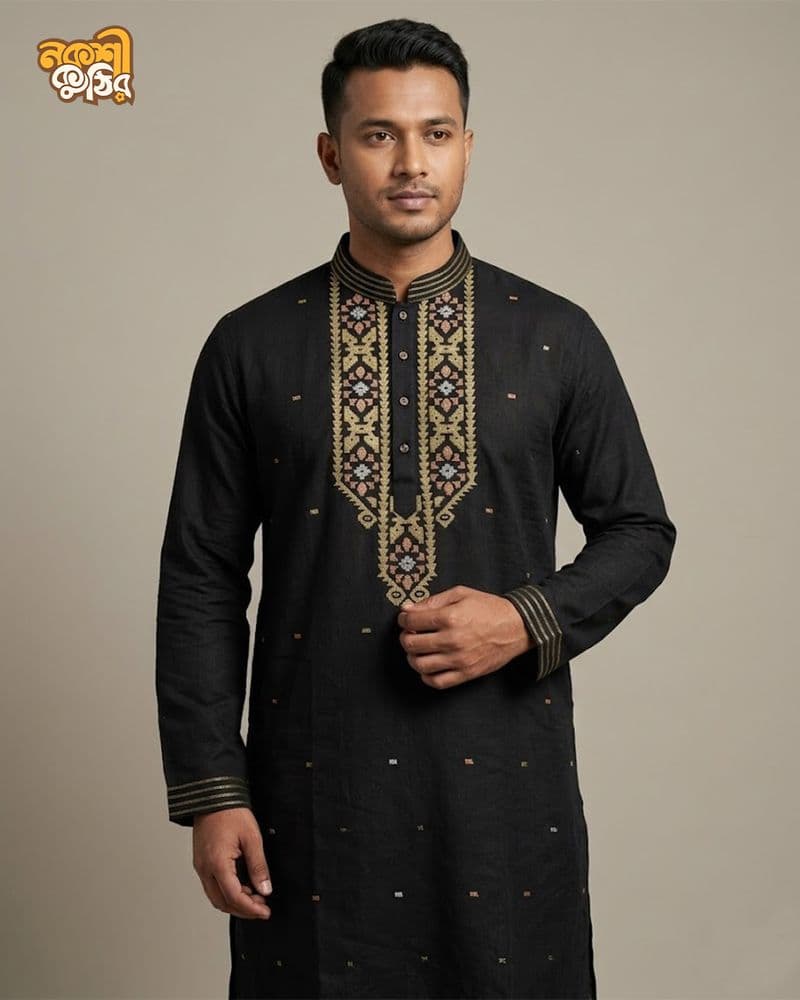 প্রিমিয়াম জামদানি পাঞ্জাবি — কালো (গোল্ডেন)