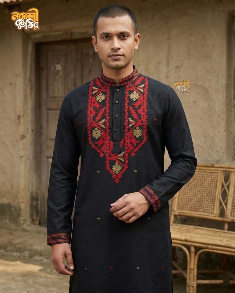 প্রিমিয়াম জামদানি পাঞ্জাবি — কালো (লাল)