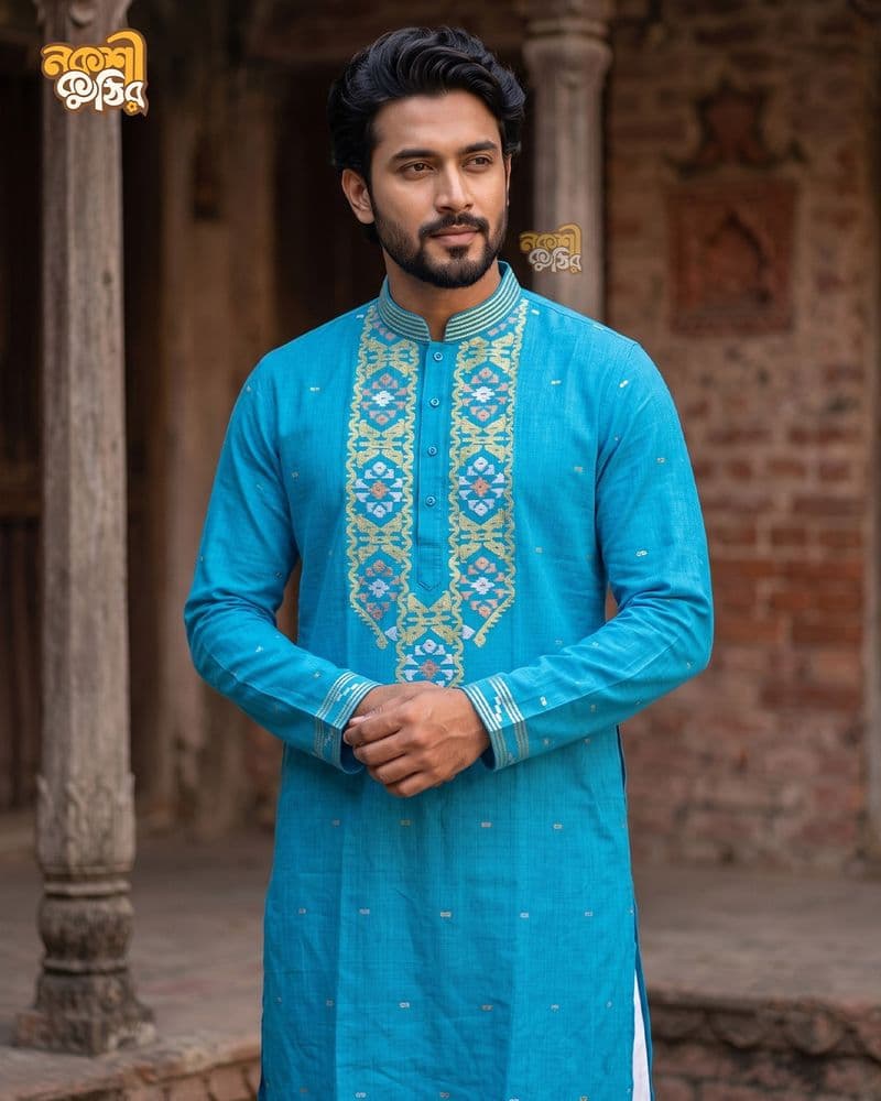 প্রিমিয়াম জামদানি পাঞ্জাবি — সায়ান ব্লু