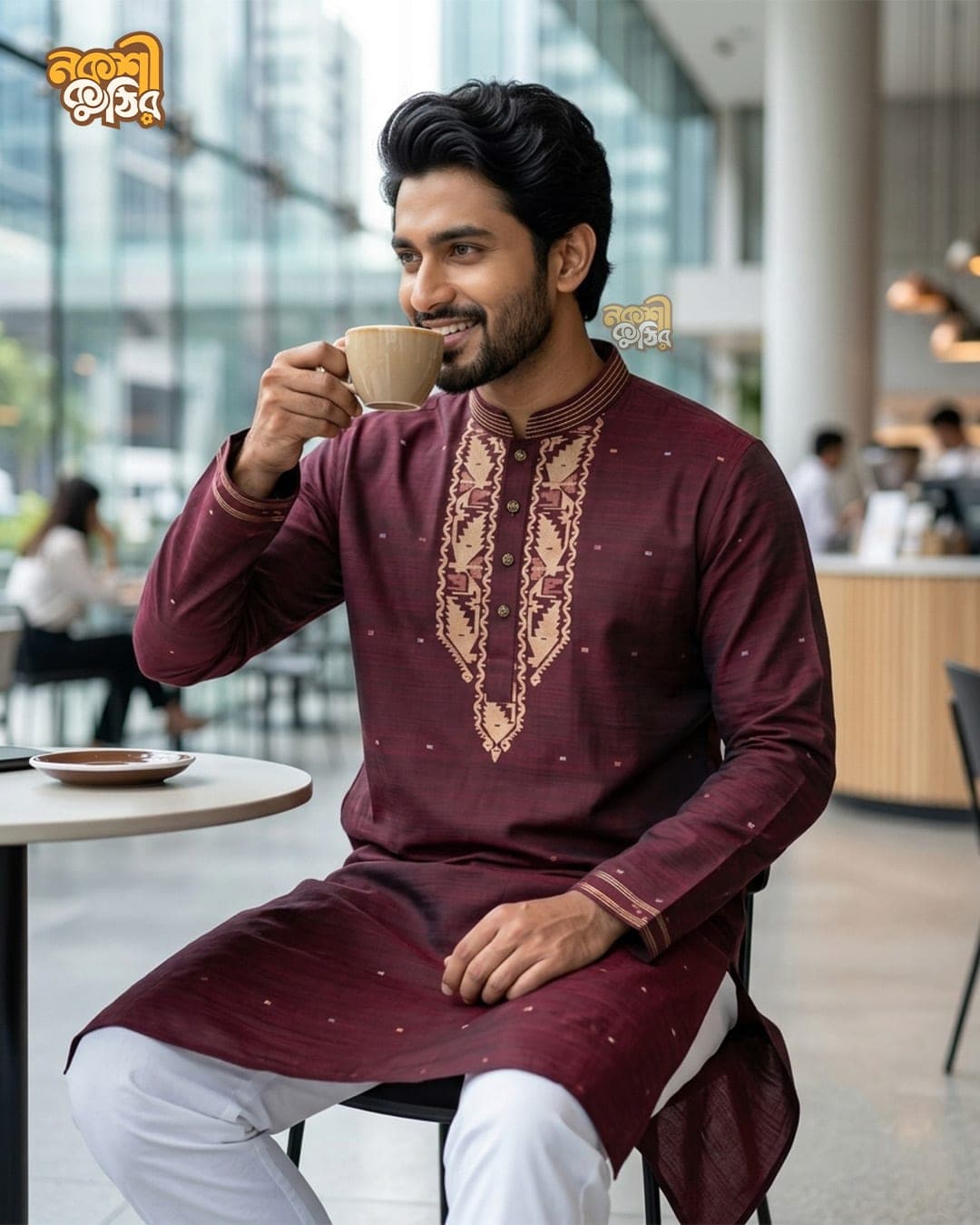 প্রিমিয়াম জামদানি পাঞ্জাবি — মেরুন (গোল্ডেন)
