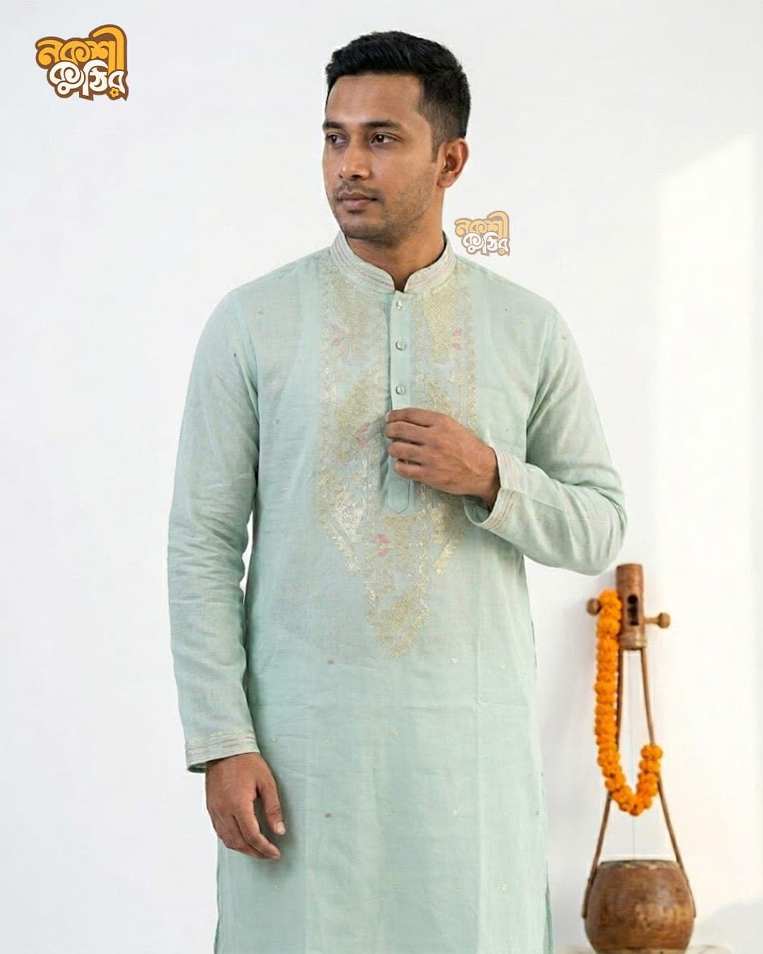 প্রিমিয়াম জামদানি পাঞ্জাবি — মিন্ট গ্রিন (গোল্ডেন কারুকাজ)