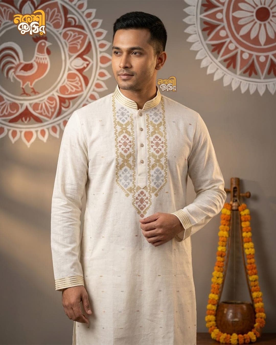 প্রিমিয়াম জামদানি পাঞ্জাবি — মিল্ক হোয়াইট (গোল্ডেন কারুকাজ)