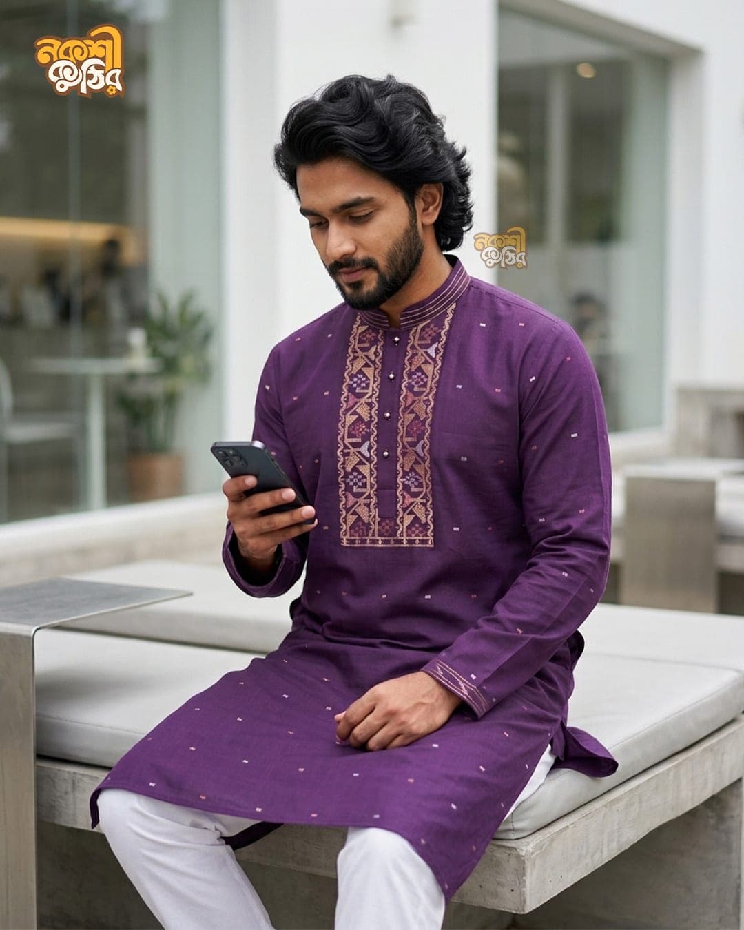 প্রিমিয়াম জামদানি পাঞ্জাবি — বেগুনি কালার (সোনালি কারুকাজ)