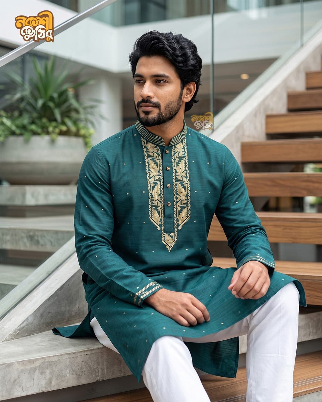 প্রিমিয়াম জামদানি পাঞ্জাবি — টিল গ্রিন (গোল্ডেন)