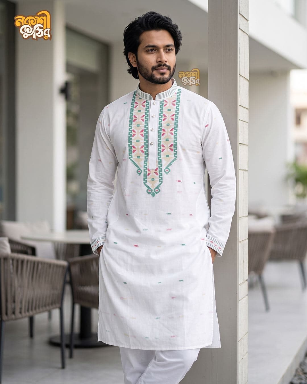 প্রিমিয়াম জামদানি পাঞ্জাবি — সাদা (সবুজ-গোলাপি কারুকাজ)