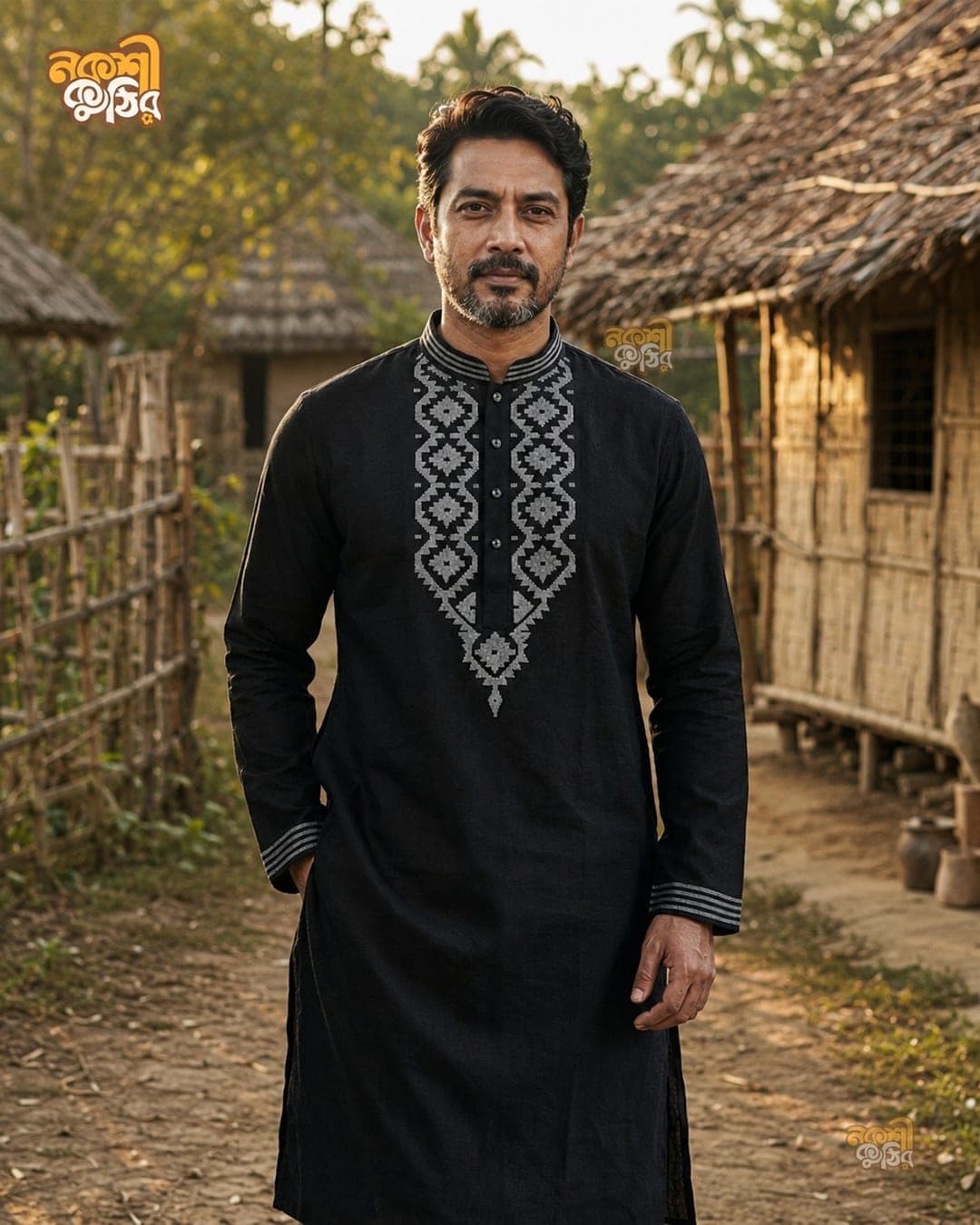 রেগুলার জামদানি পাঞ্জাবি — কালো (সাদা কারুকাজ)