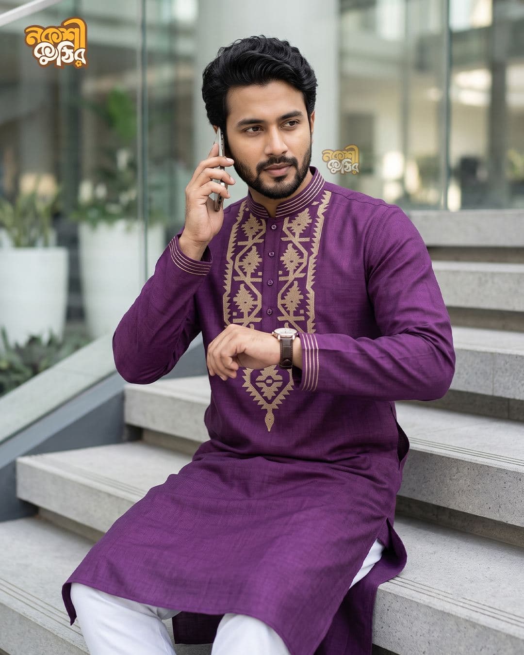 রেগুলার জামদানি পাঞ্জাবি — জাম কালার (গোল্ডেন ঐতিহ্যবাহী কারুকাজ)