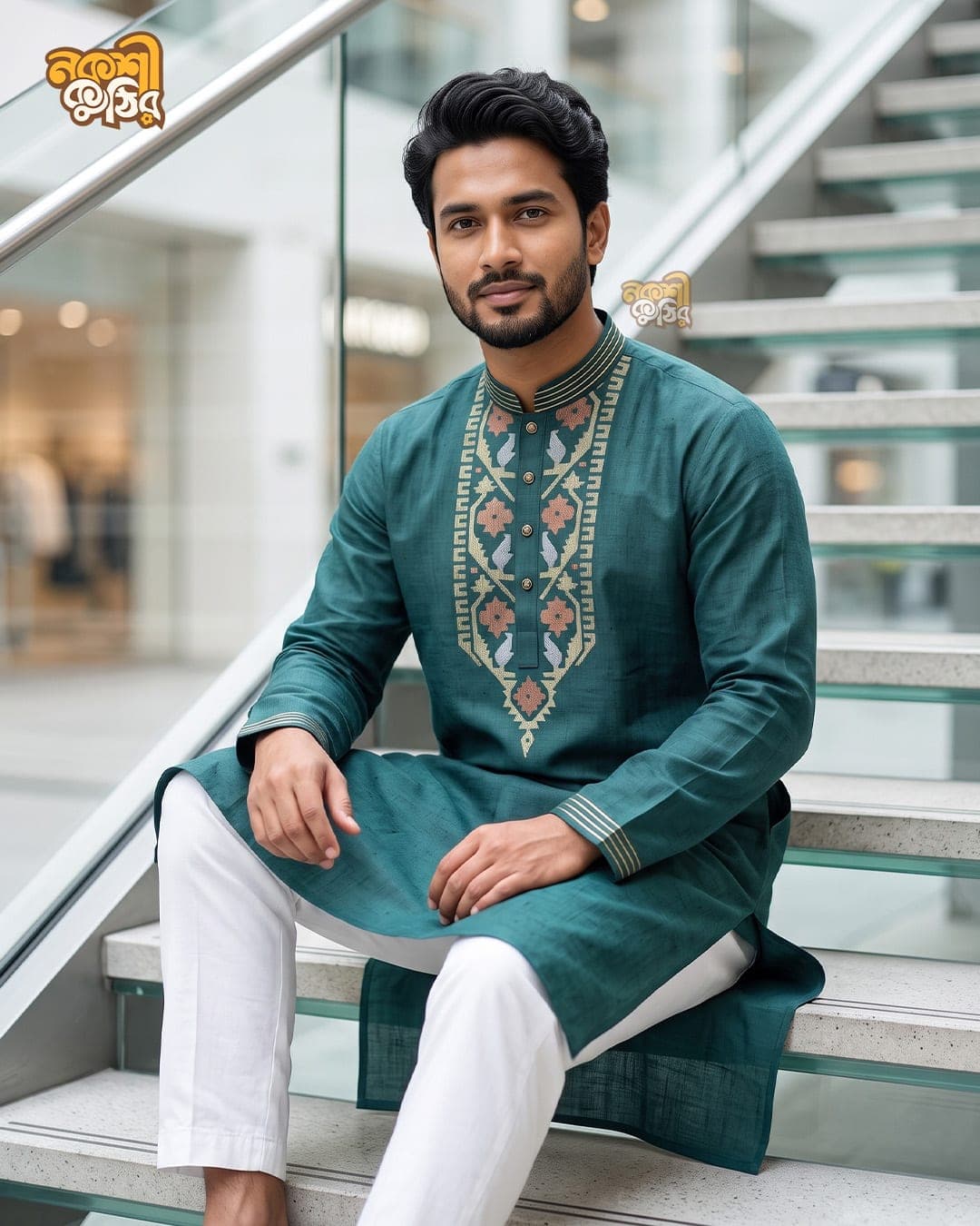 রেগুলার জামদানি পাঞ্জাবি — টিল গ্রিন ফুল (মাল্টিকালার) — গ্যালারি