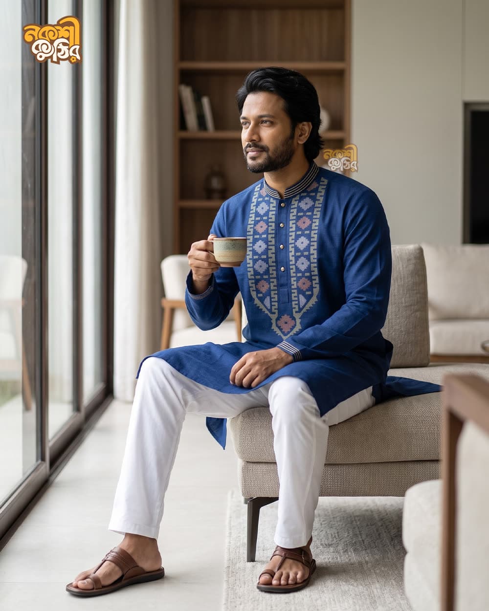 রেগুলার জামদানি পাঞ্জাবি — রয়্যাল ব্লু (সিলভার-গোলাপি কারুকাজ) — গ্যালারি