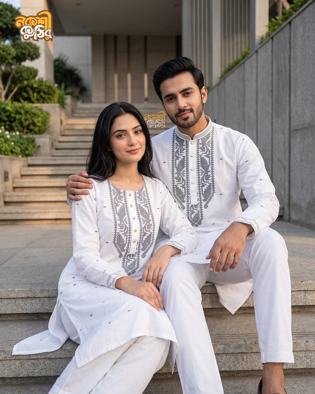 প্রিমিয়াম জামদানি ফ্যামিলি কম্বো — সাদা (কালো কারুকাজ)